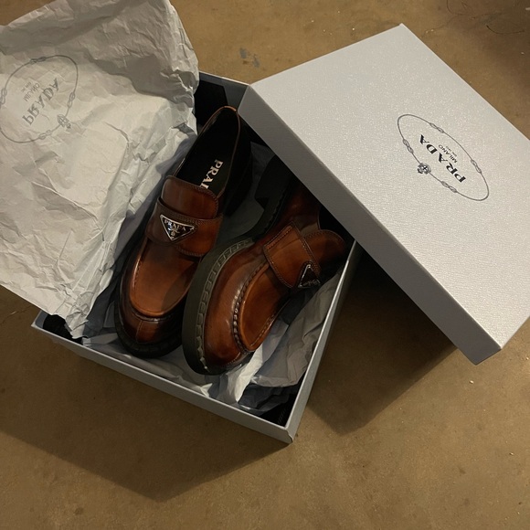 Prada Brown Leather Penny Loafers with Logo Plaque - Picture 2 of 8